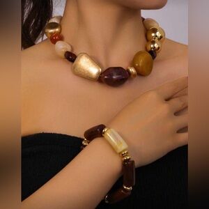 Boho Brown & Gold Beaded Necklace and Bracelet Set